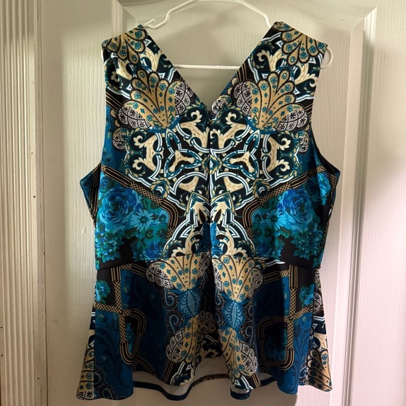7th Ave Design Studio New York & Company Blue and Gold Patterned Peplum Blouse - Picture 4 of 7